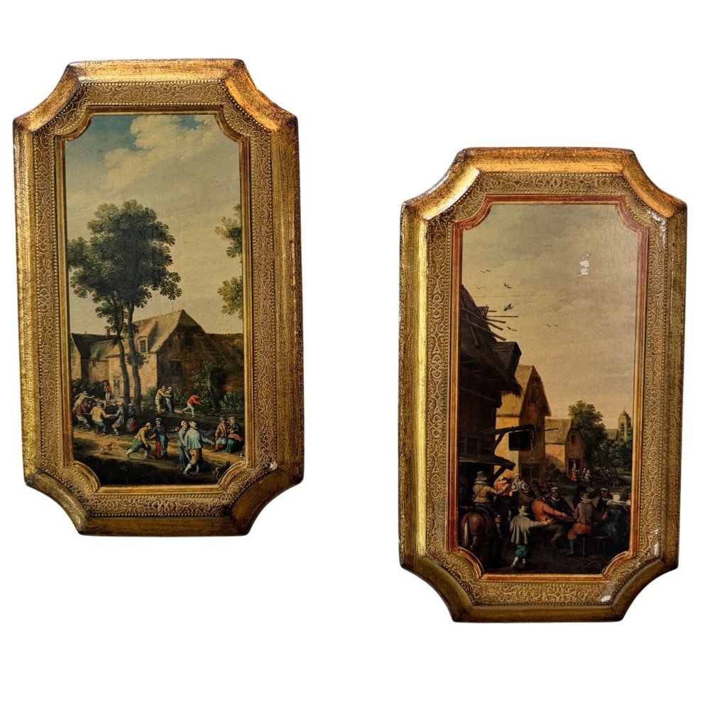 Vintage Florentia Italy Gold Gilt Wood Wall Plaques Pair Village Scenes 1427